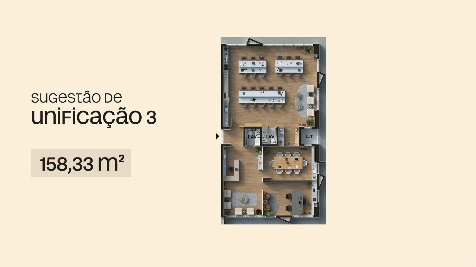 Planta ilustrativa da Sugestão 03, com área de 158,33 m²
