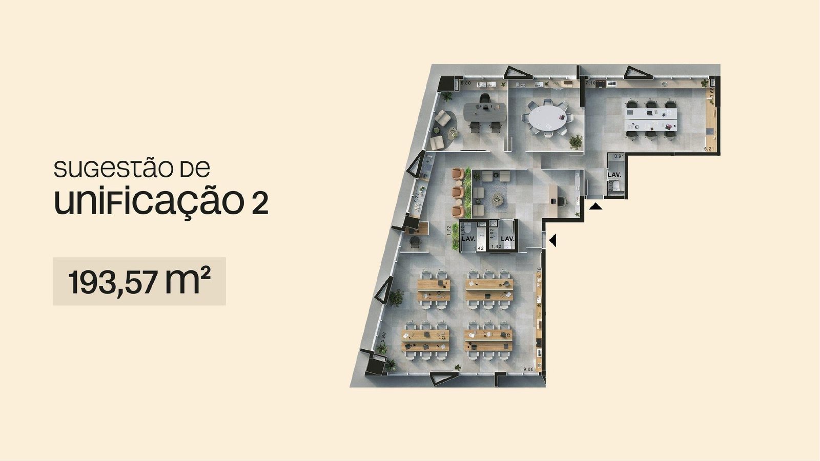 Planta ilustrativa da Sugestão 02, com área de 193,57 m²