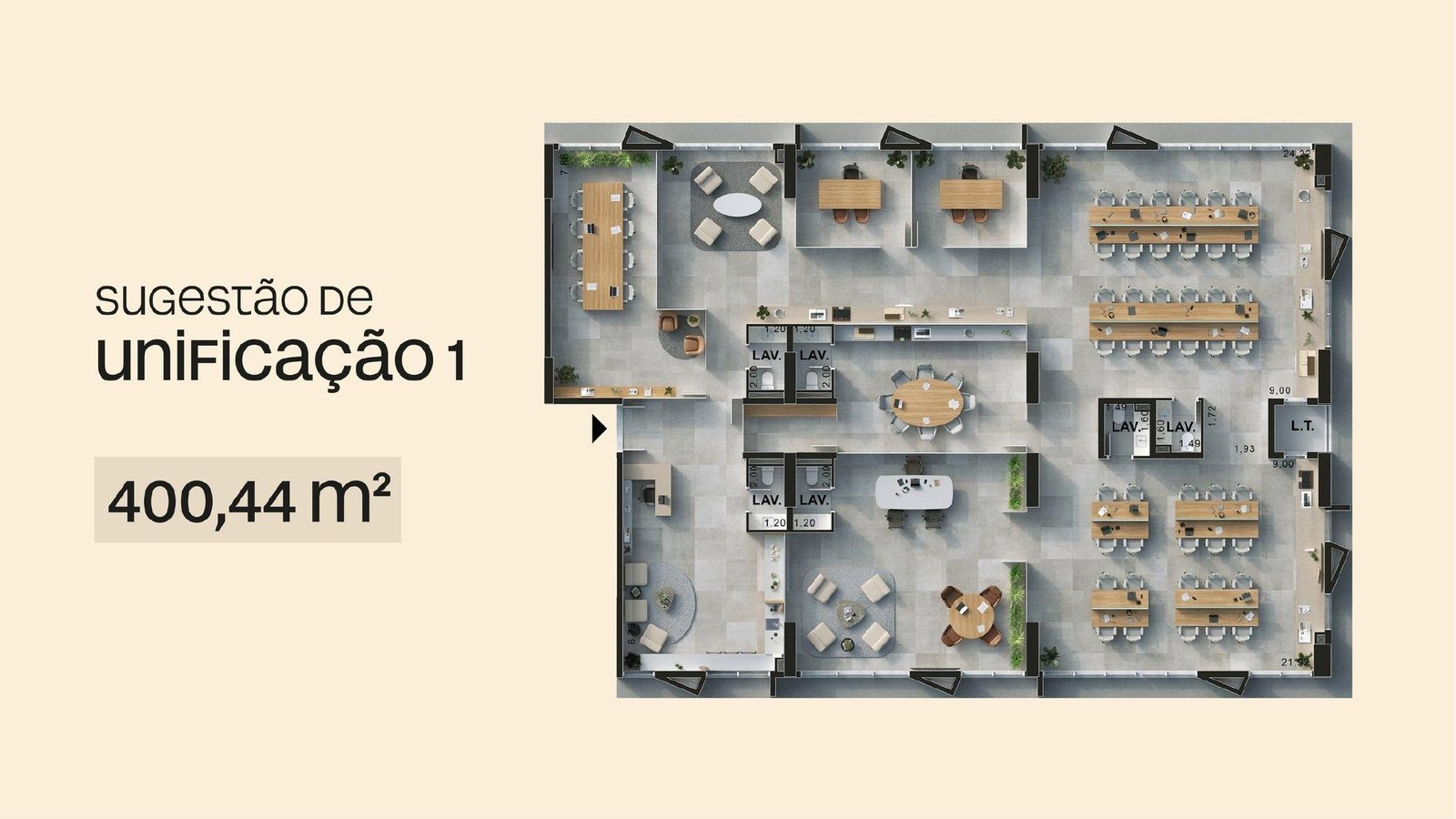 Planta ilustrativa da Sugestão 01, com área de 400,44 m²