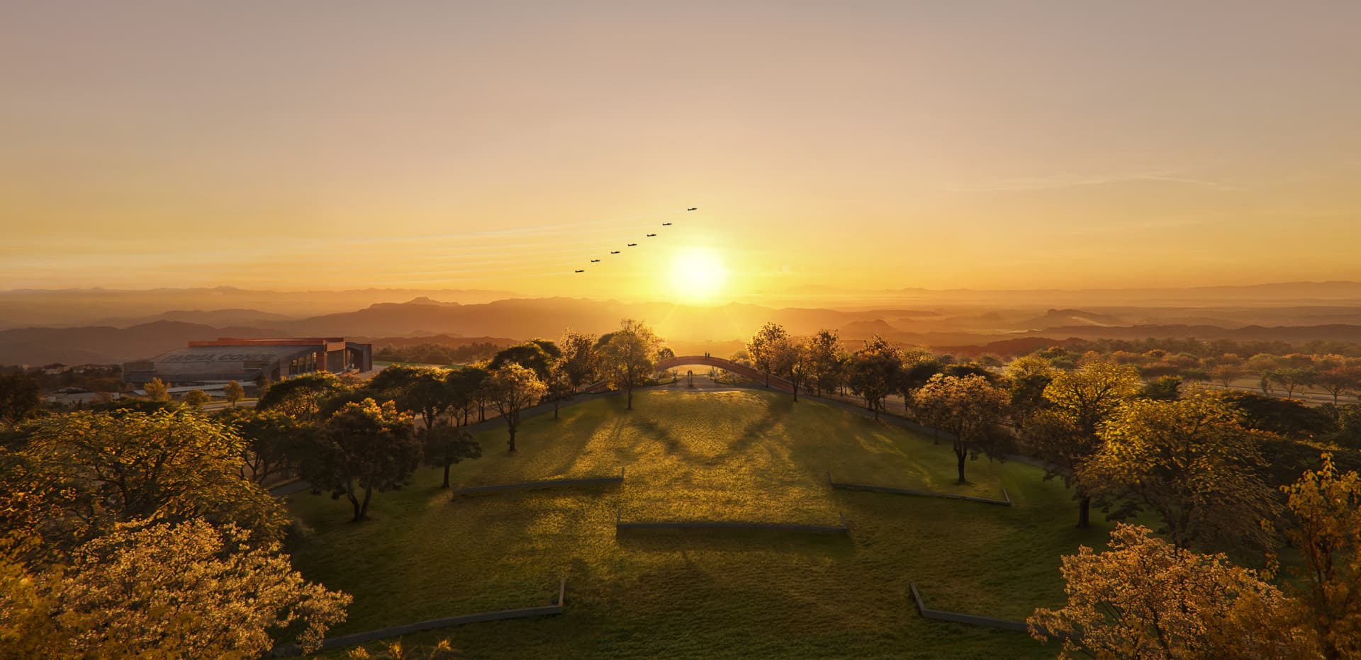 Perspectiva ilustrativa do Parque Una São José dos Campos ao fim da tarde, com o parque central e as montanhas ao fundo