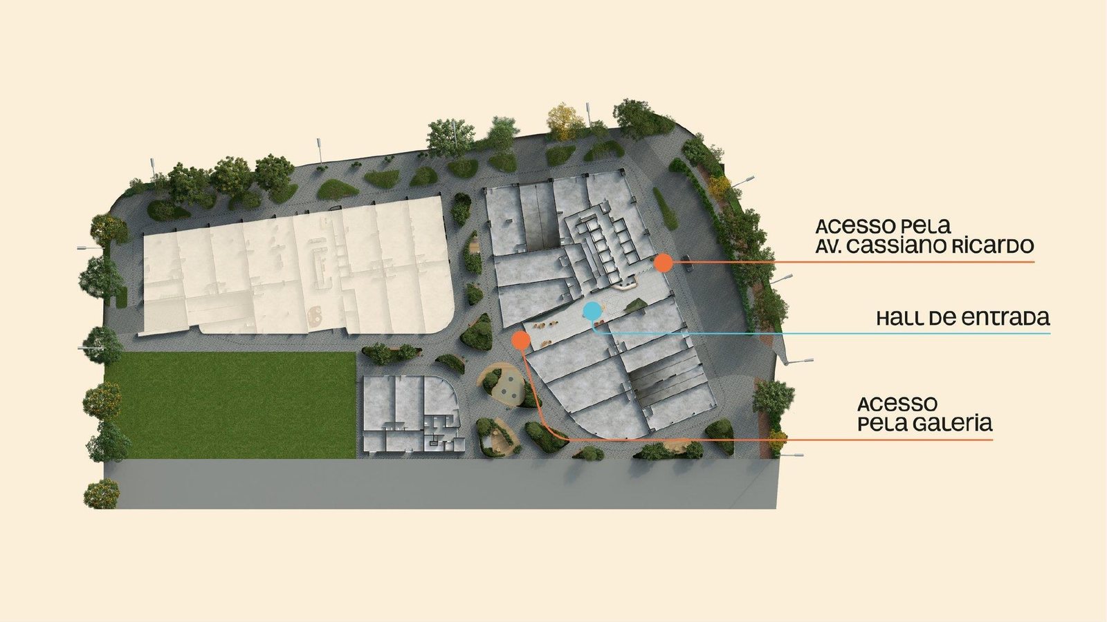 Implantação ilustrativa do Martim com acessos pela Avenida Cassiano Ricardo e pela galeria