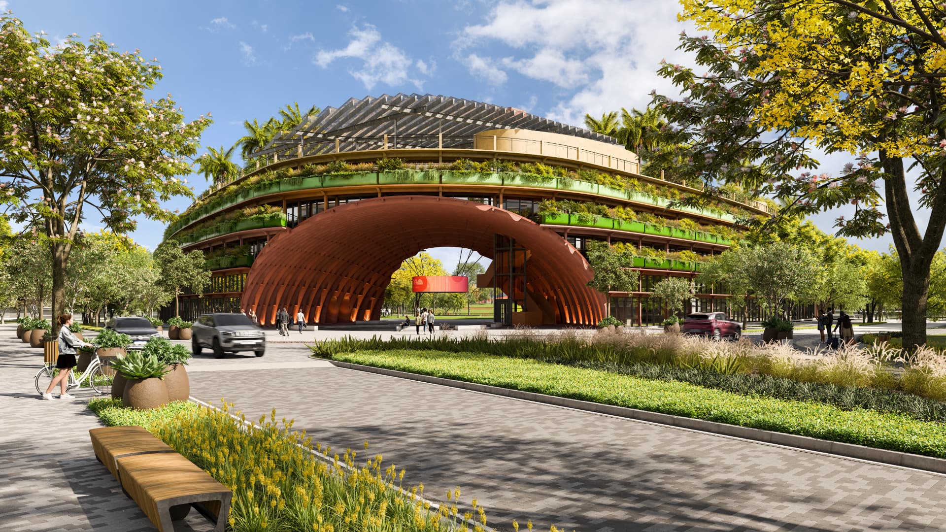 Perspectiva ilustrativa da Casa Una, edifício com estrutura curva em madeira e jardins, no Parque Una São José dos Campos