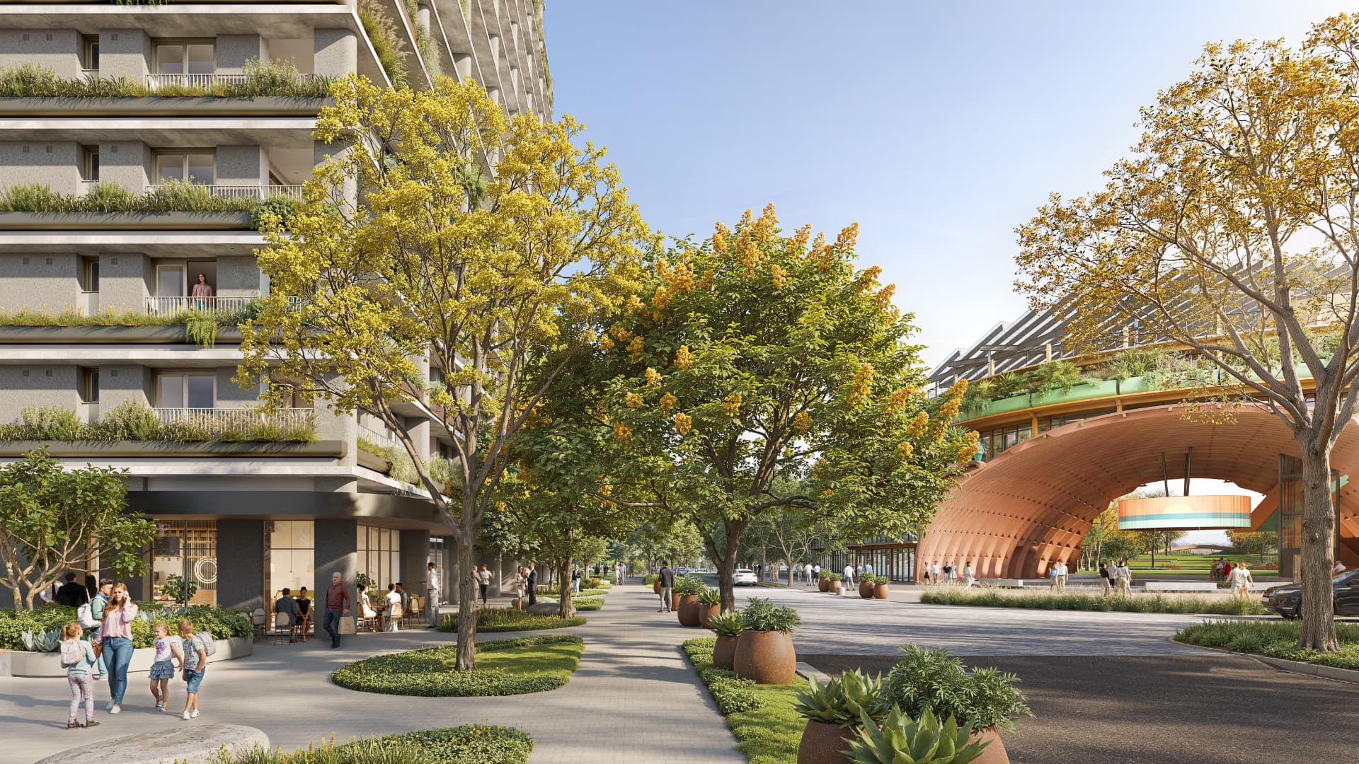 Perspectiva ilustrativa de rua acalmada arborizada com comércio no térreo, no Parque Una São José dos Campos